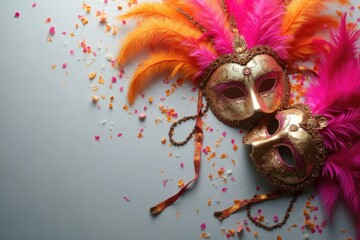 Colorful carnival masks with vibrant feathers and decorative elements, surrounded by confetti, creating a festive atmosphere for celebration and masquerade events