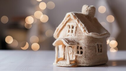 Knitted house decoration with intricate details and soft textures, illuminated by warm bokeh lights, creating a cozy and inviting atmosphere for home decor enthusiasts