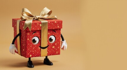 Cheerful cartoon gift box character with arms and legs, adorned with a shiny gold ribbon, standing against a warm, neutral background, perfect for festive celebrations
