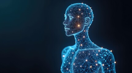 Futuristic digital human figure composed of glowing lines and nodes, representing advanced technology and artificial intelligence in a captivating visual display