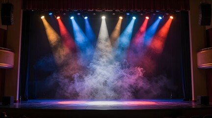 Theater stage is illuminated with colorful spotlights creating a captivating atmosphere
