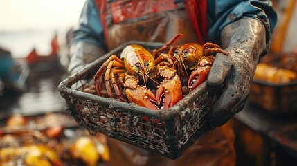 Fisherman holding a basket of freshly caught lobsters, showcasing the vibrant colors and textures of seafood in a bustling marine environment