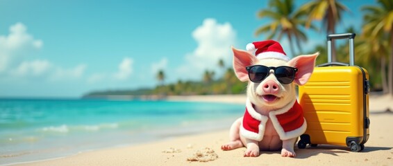 Adorable pig wearing Santa hat and sunglasses relaxing on sandy beach with yellow suitcase, enjoying a sunny tropical vacation atmosphere