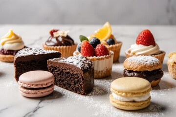 Assorted delicious pastries and desserts arranged on a marble surface, featuring chocolate cake, macarons, and fruit-topped treats, showcasing culinary artistry