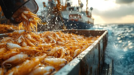 Fisherman harvesting fresh shrimp from a large metal container on a fishing boat, showcasing the vibrant colors and textures of seafood in a marine environment