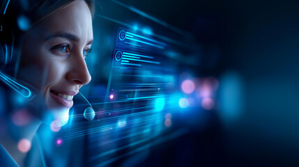 AI agents and software interface concept, virtual assistant customer service visualization, futuristic smart automation display, AI assistant graphic design, translation chatbot