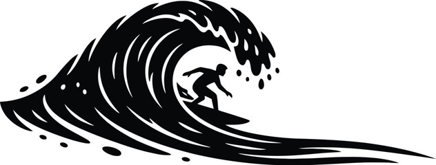 Fototapeta premium Surfing Action with Surfer Riding Giant Ocean Wave at Beach Shoreline Captured from Side View during Sunny Day Outdoors