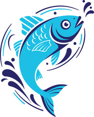Dynamic Blue Fish Illustration with Splashing Water Elements, Vibrant Aquatic Graphic Design, Digital Art, Abstract Ocean Theme, Front View