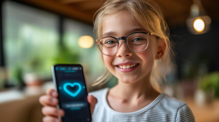 Young girl holding smartphone display, using virtual voice assistant visualization, speech recognition technology, AI interaction concept, mobile digital helper, smart device communication
