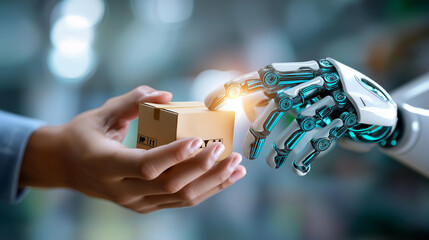 AI customer support for ecommerce, robot artificial intelligence visualization, customer support shopping cart, cardboard box retail display, AI for service concept, automated assistance