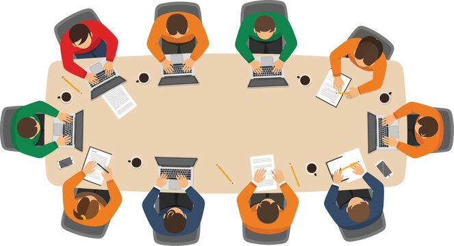 Top view of business meeting with diverse professionals gathered around oval table discussing documents in modern office environment collaborative teamwork