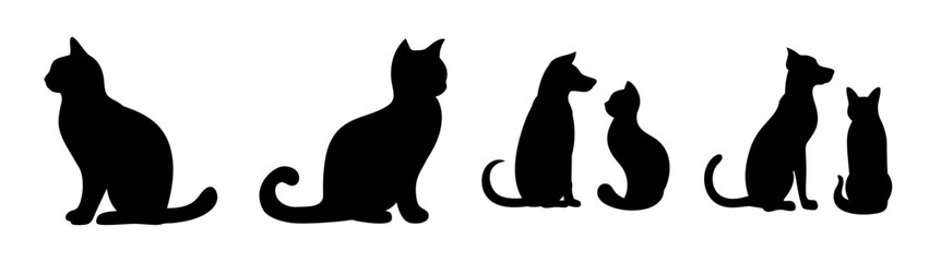Black cat silhouettes vector illustration featuring feline pets in various poses and shapes