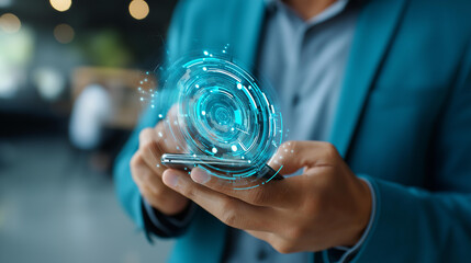 Modern businessman using AI assistant app, smartphone display teal blazer, futuristic interface visualization, digital communication concept, innovative technology representation,