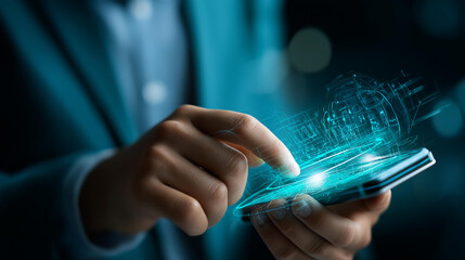 Modern businessman using AI assistant app, smartphone display teal blazer, futuristic interface visualization, digital communication concept, innovative technology representation,