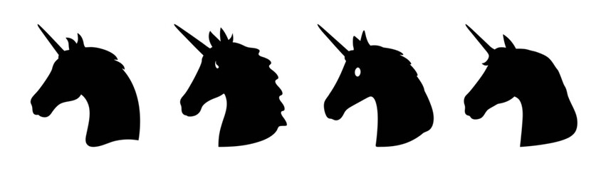Four black unicorn silhouettes vector illustration mythical creatures fantasy art design graphic element isolated on white background