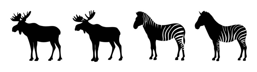 Black silhouette moose and zebra vector illustration wildlife animal art print design template idea