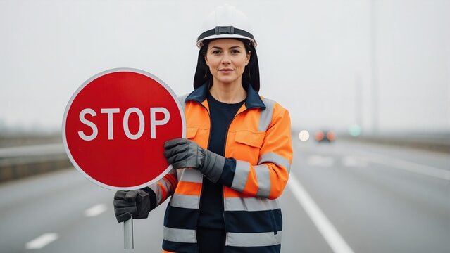 Female road worker holding stop sign on highway. Professional traffic controller in high-visibility jacket and hard hat managing road safety.