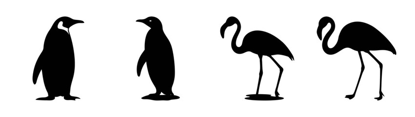 Black and white penguin and flamingo illustration, animal silhouette vector art drawing design