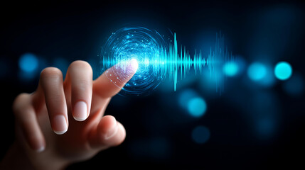 Touching microphone voice recognition display, AI assistant sound wave visualization, audio recording technology concept, speech interface representation, vocal interaction aesthetic,