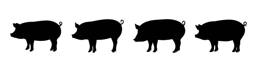 Four black pig silhouette vector illustration for farm animal graphic design and art projects