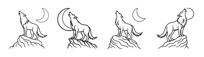 Howling wolf line art drawing vector illustration with moon phases silhouette design template