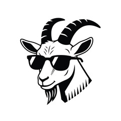 Stylish Goat Wearing Sunglasses Graphic Illustration, Cool Animal Portrait, Simple Black and White Design, Vector Art, Headshot View, Modern Concept
