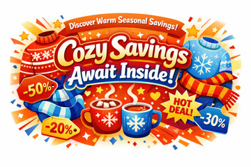 Fototapeta premium Cozy Winter Savings. Modern holiday banner with short greeting slogan, vibrant cozy winter sale banner inviting shoppers to
