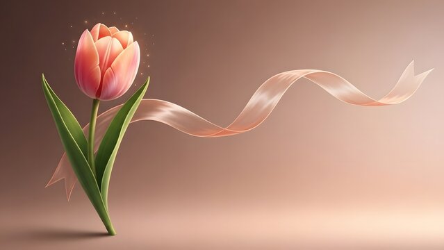 A delicate pink tulip with a flowing ribbon in a soft warm light setting - Powered by Adobe