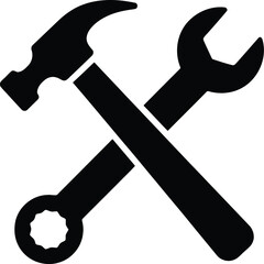 Crossed hammer and wrench icon representing tools for repair and maintenance in a simple graphic illustration with flat design concept