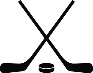 Hockey puck and crossed sticks on white background, sport equipment close-up, isolated view, minimalistic concept for hockey enthusiasts and sports content