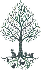 Artistic Tree with Cats and Kittens Rooted Below, Digital Illustration, Indoor Concept, Front View, Nature and Animals Harmony