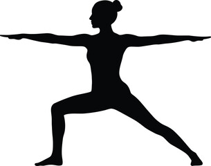 Yoga pose silhouette, woman practicing warrior pose, studio environment, vector illustration, side viewpoint, fitness and mindfulness concept