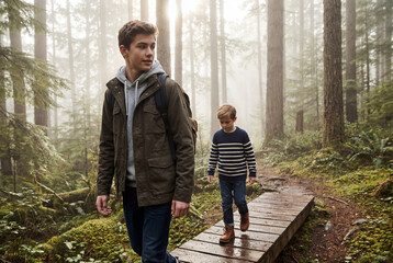 Two brothers hiking together on a trail in a lush, misty forest, crossing a small wooden bridge. Family bonding and adventure concept.