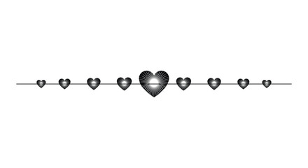 Elegant horizontal row of black heart silhouettes on a thin line. Minimalist vector divider or border design for Valentine's Day, wedding invitations, romantic greeting cards, and love concepts.