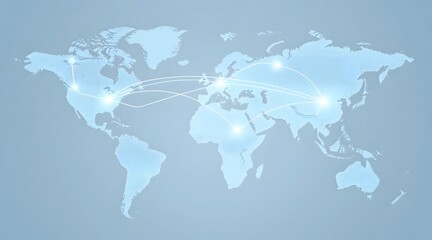 World map with lines connecting continents on a light blue background