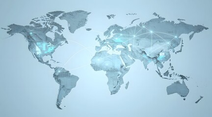 Stylized world map illustration with global connections in cool tones for digital interface