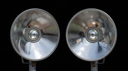 Two aluminum spotlights illuminate in the dark to provide focused lighting