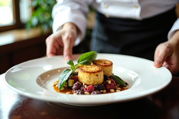 Chef's Hands Perfecting a Dish for Fine Dining Menu Display