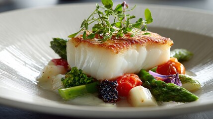 Seafood fillet plated with clean geometry, pale ceramic