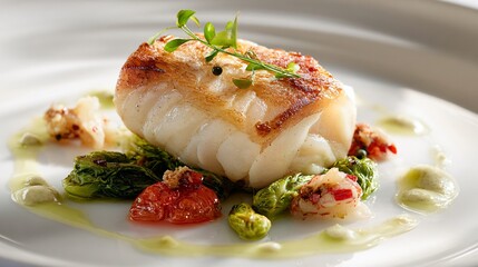 Seafood fillet plated with clean geometry, pale ceramic