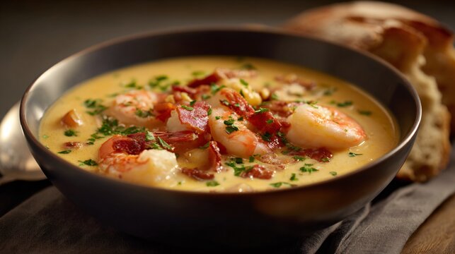 Seafood chowder served in elegant bowl, neutral background
