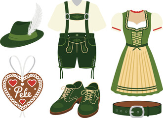 Bavarian Oktoberfest traditional clothing vector illustration set featuring dirndl lederhosen alpine hat shoes belt and gingerbread heart in classic German folk festival style