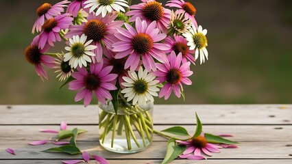 Pink and white flowers in vase.
