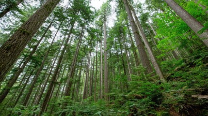 Tall evergreen trees form a dense, lush canopy reaching toward the bright sky.