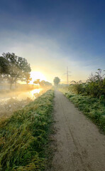 A serene and tranquil morning scene showcasing a misty pathway wandering alongside a river during sunrise