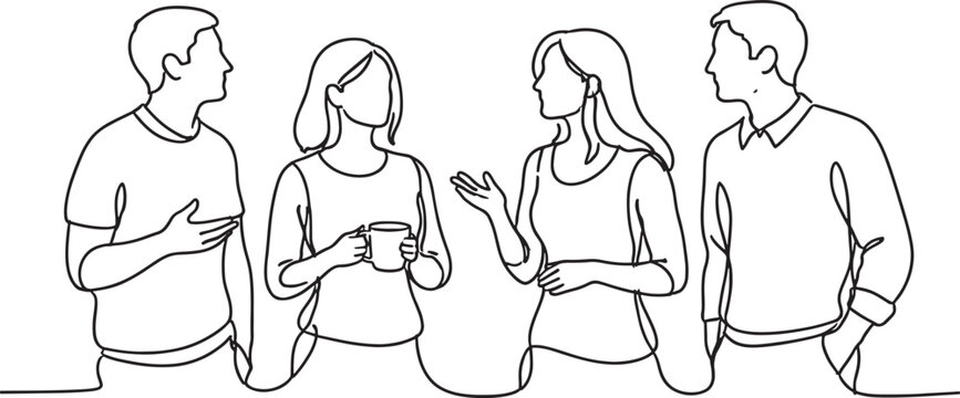 four people talking to each other in a line drawing style