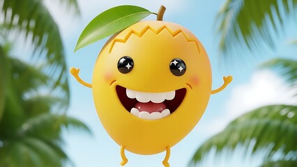 Happy cartoon lemon character tropical background.
