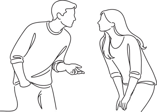 Line drawing of man and woman having conversation on a transparent background