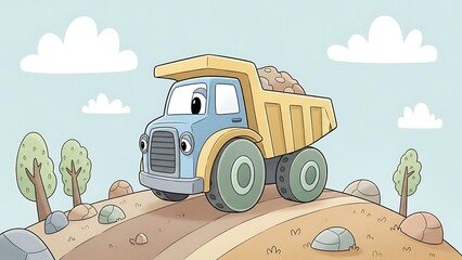 Cartoon truck on dirt hill landscape.
