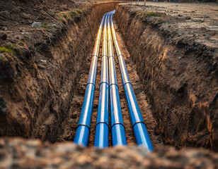 Blue water pipes have been installed in a trench, showing a construction phase for underground utilities and efficient water distribution in a new residential project.